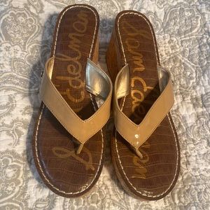 Tan patent leather cork wedge flip flop